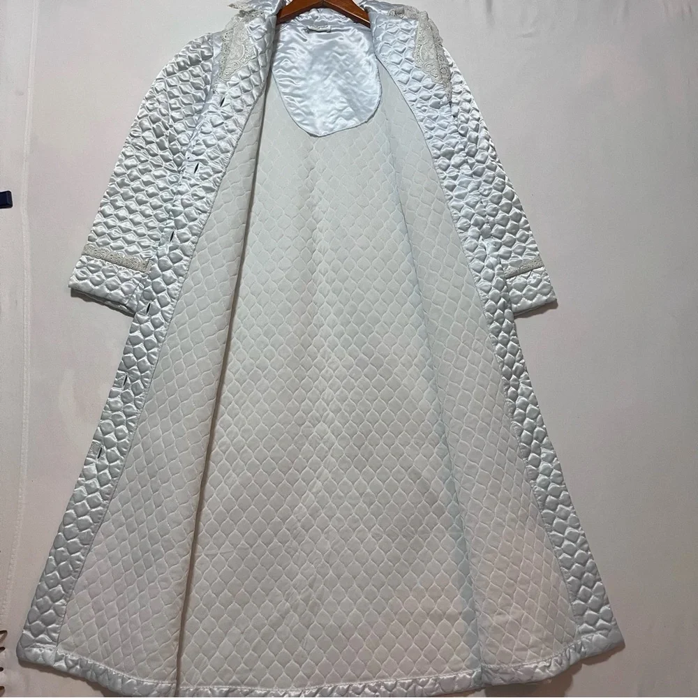 Vintage Dior Junior Quilted Satin‎ Lace Trim Robe Coat Light Blue Hostess 1960s